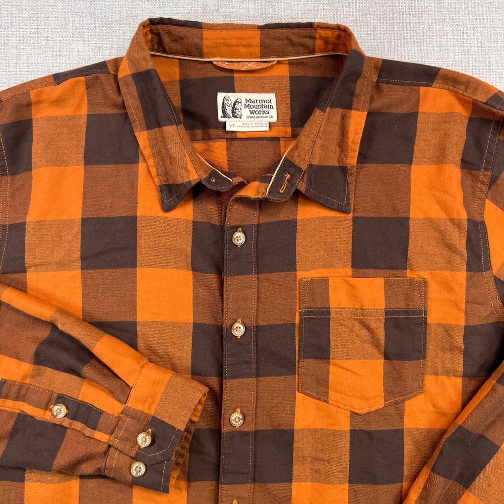 Marmot Anderson Lightweight Flannel Shirt Men Large Orange Brown Plaid Gorpcore